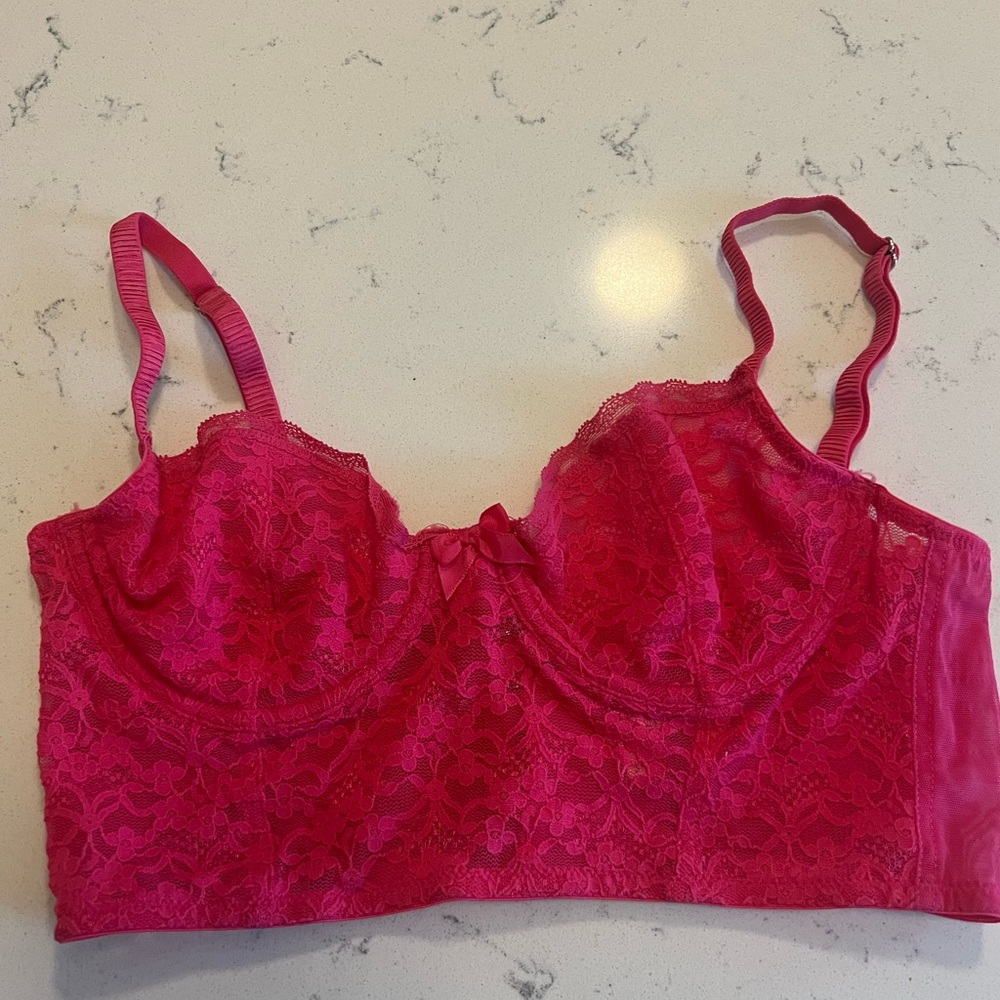 Hot pink lace bra.